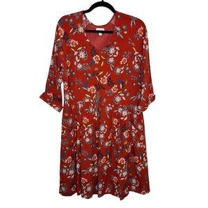 Garnet Hill womens 6 floral print orange/red midi dress fall boho office casual